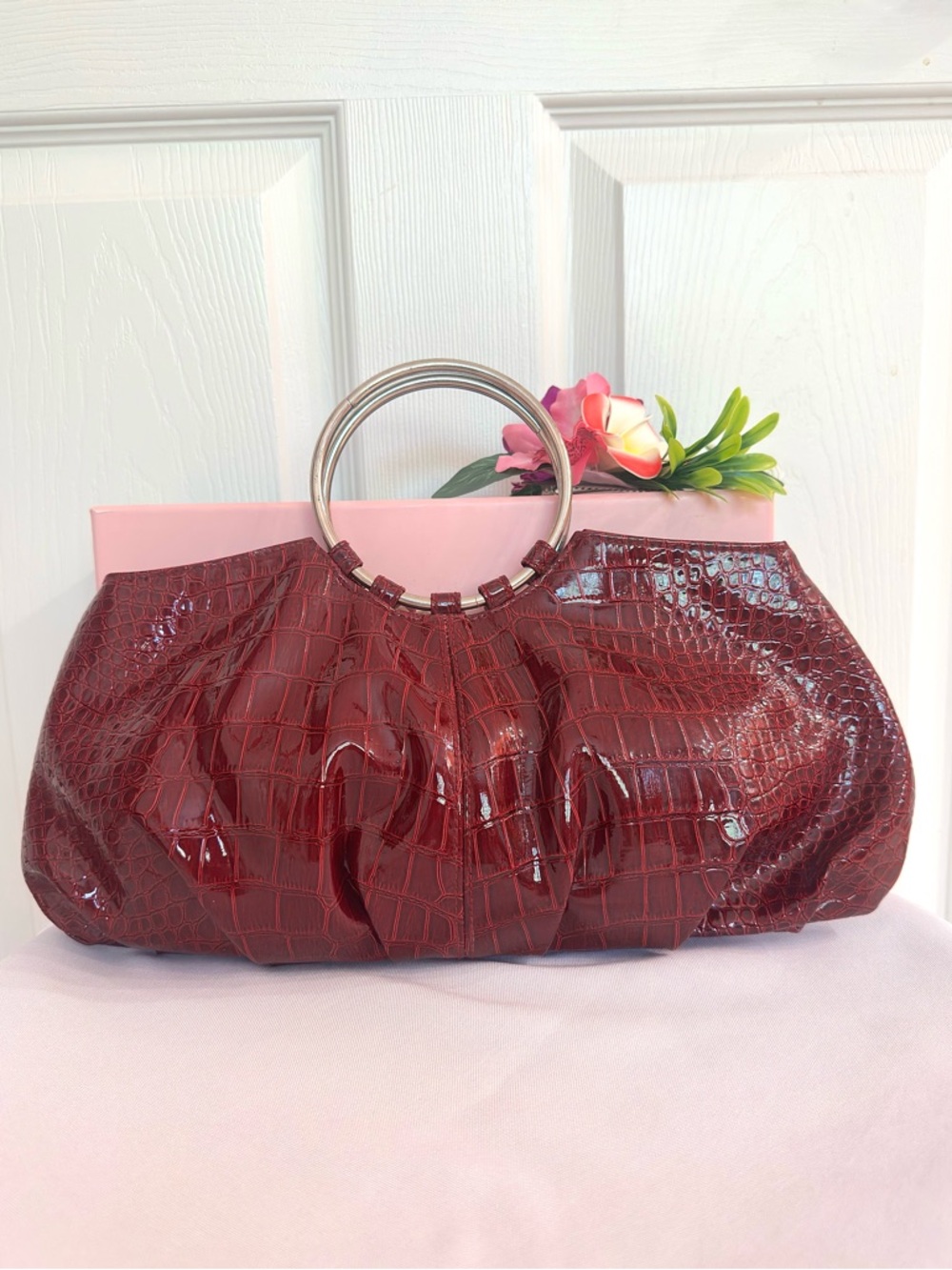 CHATEAU ~ Wine-Colored Croc Embossed Bag Silver Circular Handle Date Night